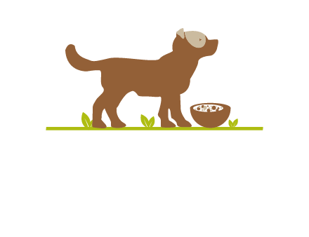 food bowl in front of dog pet logo