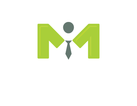 person with tie between letter M logo