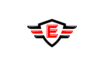 letter E in a shield over 3 stripes