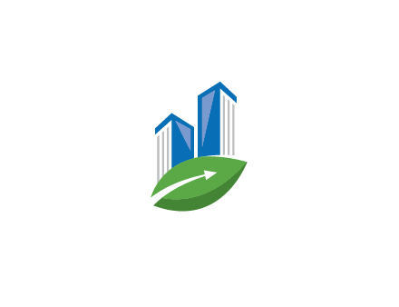 buildings with arrow in leaf real estate logo