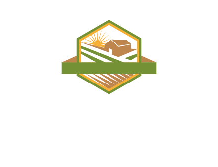 ribbon around sun and barn house with fields in hexagon farm logo