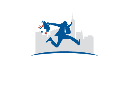 running executive with briefcase and skyscrapers illustration