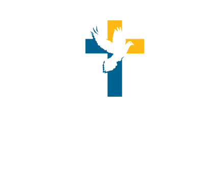 dove flying in front of a cross logo