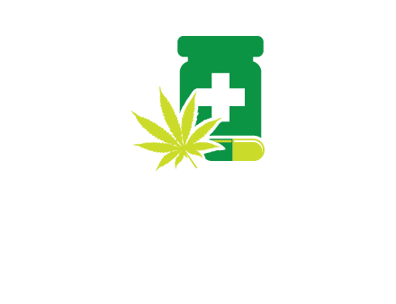 marijuana leaf, capsule and medicine jar logo