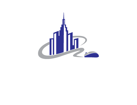 swoosh around the buildings with mouse logo