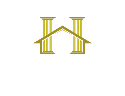 two pillars with a house forming an H