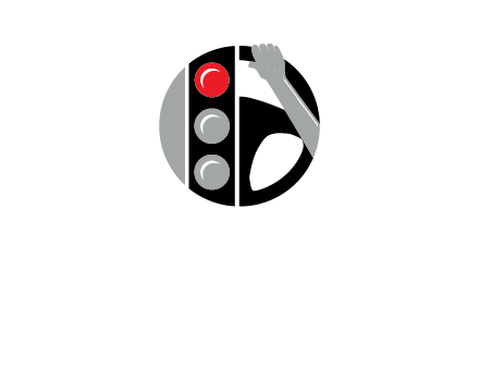 traffic light and steering wheel with hand in circle logo