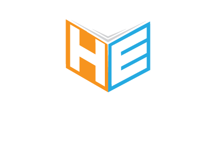 Letters h and e in front of book cover logo