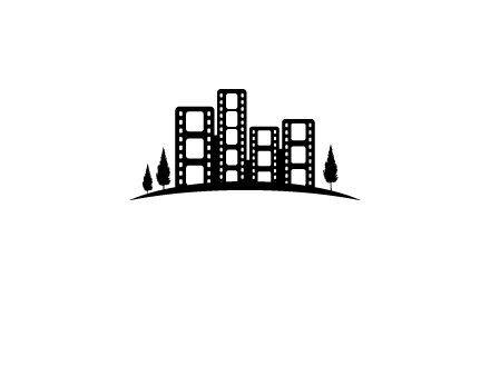 film reel buildings with trees logo