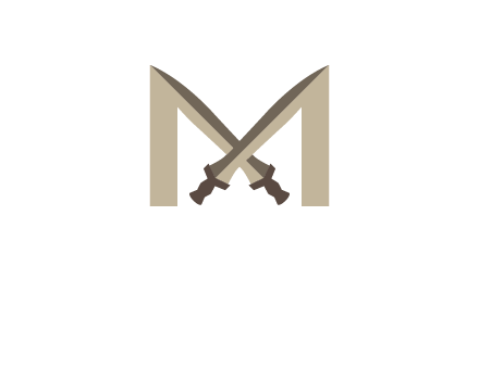 two cross swords between letter M logo