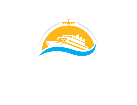 ship over the sun with water and airplane logo