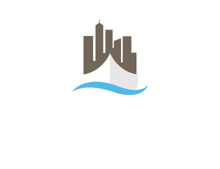 ship incorporated with city skyline and wave logo