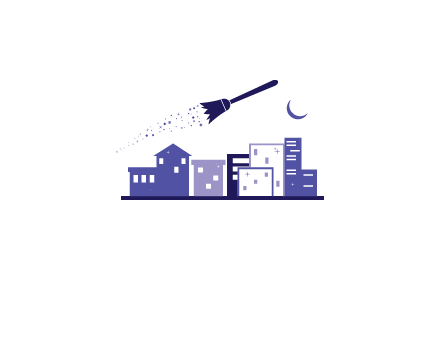 flying broom in city with moon logo