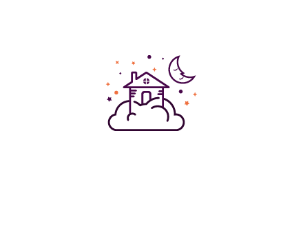 house on cloud with moon and stars logo