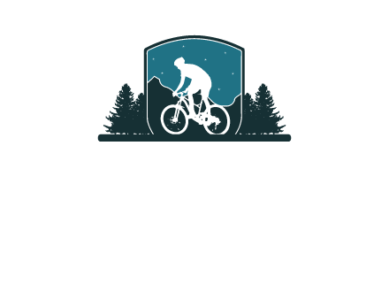 mountain biking in shield with trees emblem logo