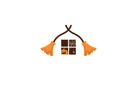 crossed broomsticks on window with pumpkin and spider Logo