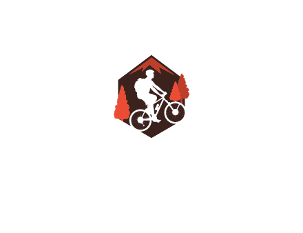 hexagonal mountain biking logo with fir trees