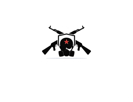 army logo with crossed guns behind a soldier wearing a gas mask