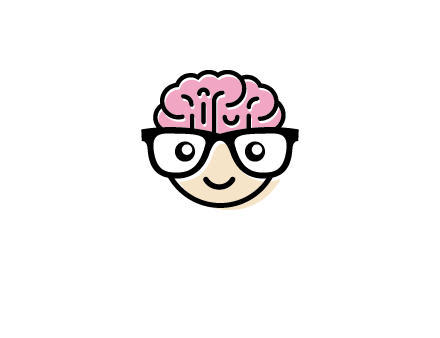 character with with a smile, glasses and brain