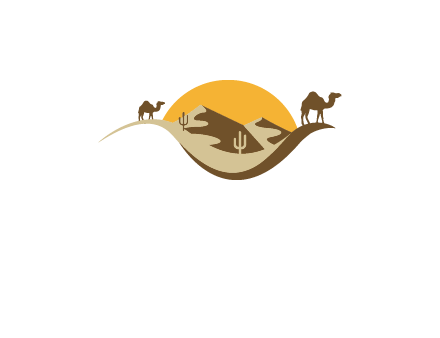 eye of the desert travel logo with sand dunes, camels, cactus and the sun