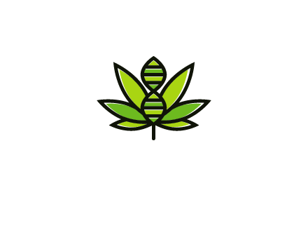 dna at the center of a marijuana leaf logo