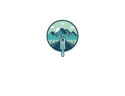 travel logo with bike leaving behind a road and mountains