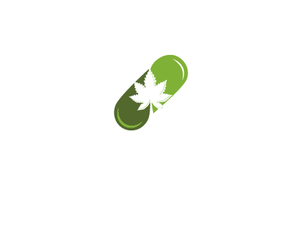 pharmaceutical logo with herbal drops forming a pill with a marijuana leaf in the center