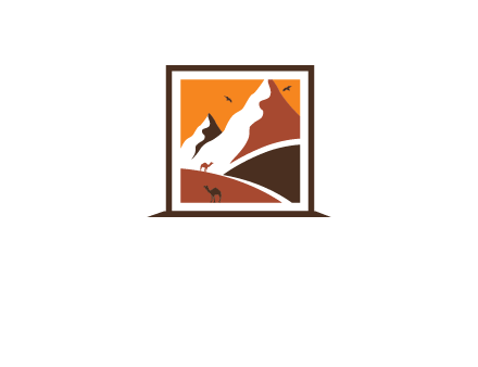 logo resembles a framed painting of the desert and mountains