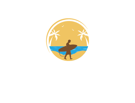 circular logo with palm trees and a surfer walking on the beach