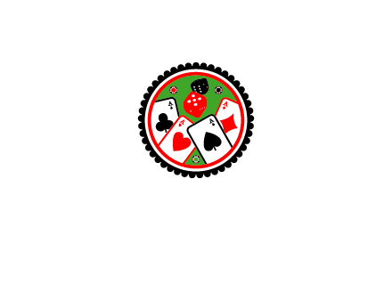 aces of cards, poker or casino chips and dice inside circular gambling logo