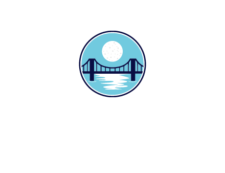 circular logo with a suspension bridge and the moon shining over water