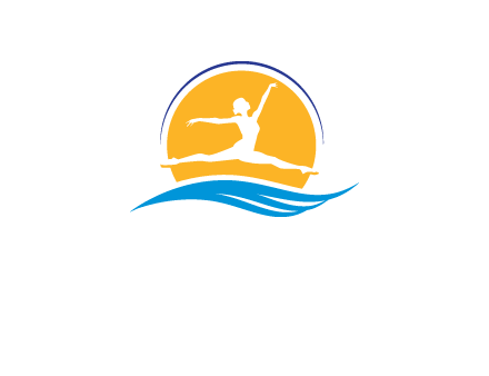 ballerina jumping over waves in front of the sun logo