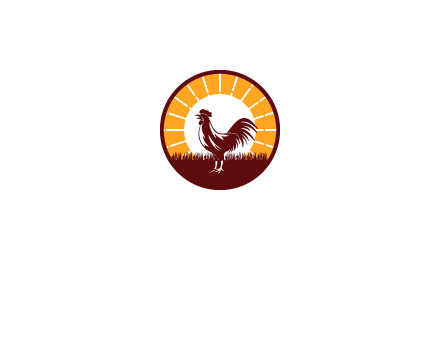 rooster standing in front of the sun logo