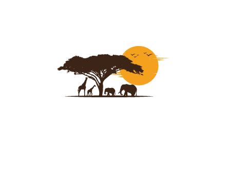 wildlife safari logo with giraffes and elephants standing under a tree in front of sun