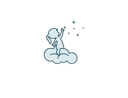 little girl sitting on cloud playing with stars