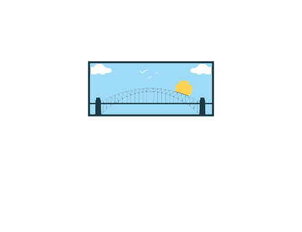 tied arch bridge with sun and clouds in rectangle frame