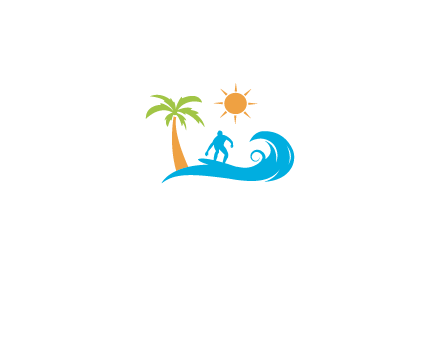 surfer surfing on wave with palm tree and sun