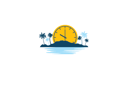 sun with clock behind mountains with palm trees