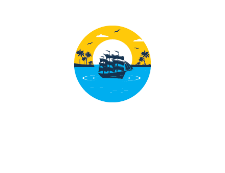 sun and palm trees behind ship in circle