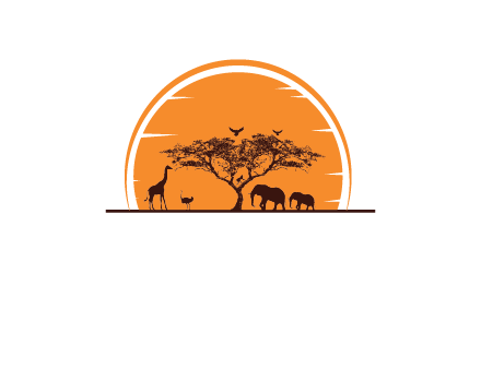 sun behind elephants and giraffe with tree