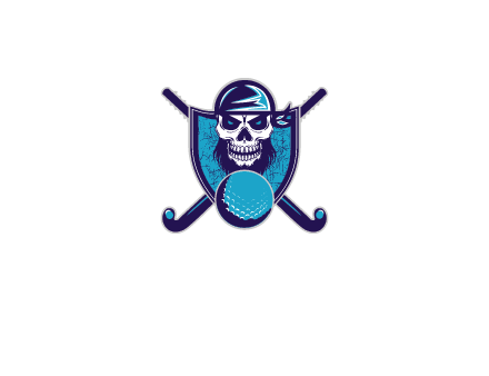 hockey stick behind skull wearing bandana and ball in shield