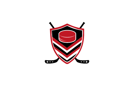 hockey sticks behind shield with hockey puck