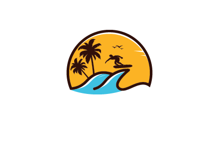 sun behind surfer surfing on waves and palm trees