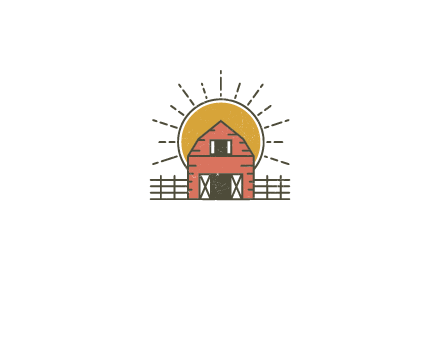 sun behind farmhouse with fence