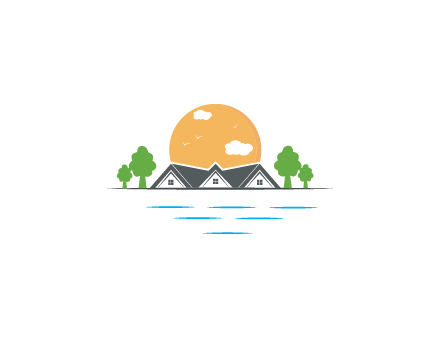 sun behind houses with trees and lake