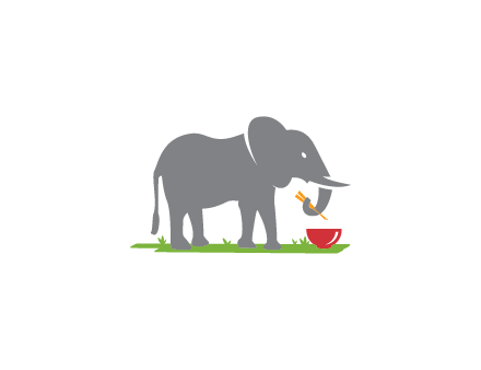 elephant holding chopsticks with grass and bowl