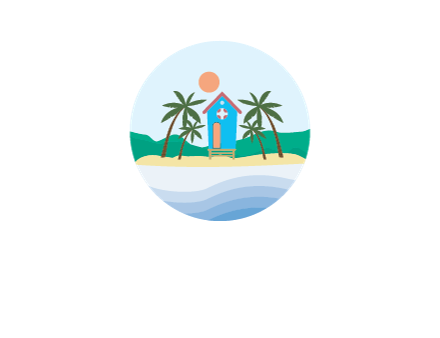 beach house with palm trees and sun in circle frame