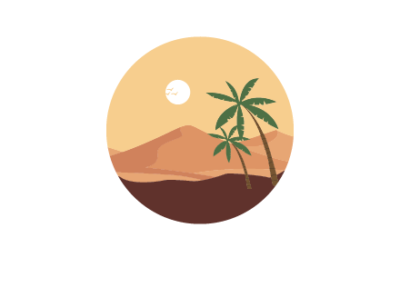 desert mountains with palm trees and sun in circle frame