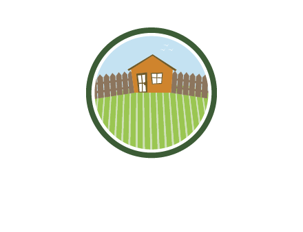 farmhouse with farm and fence in circle frame