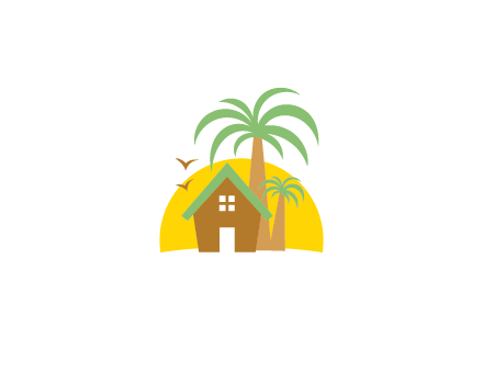 sun behind house with palm trees